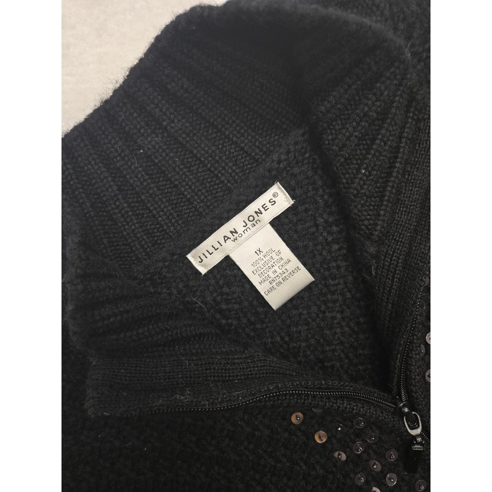Jillian‎ Jones Woman 1X Black 100% Wool Zip Up Cardigan Sweater Sequin Embellish